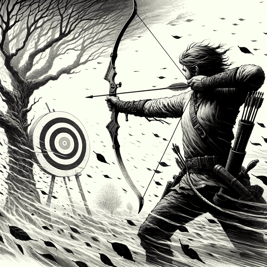 Archer aiming at a target in high winds